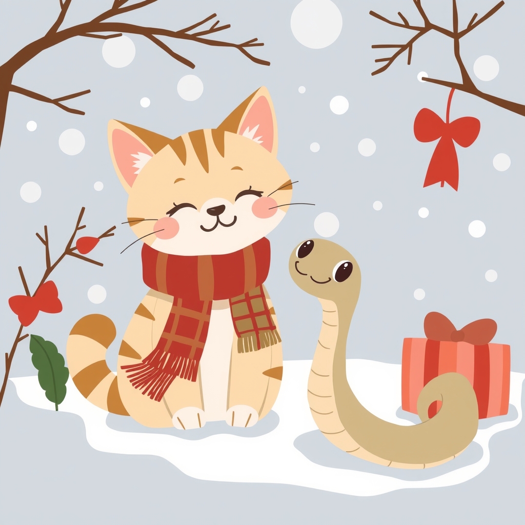 a cute cat and a small snake celebrate holiday in winter by Free AI Image Generator & Maker - No login required✨ | AIGAZOU