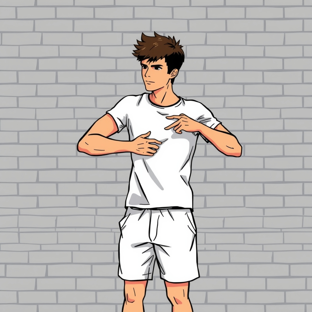 young man in white shorts putting on white t shirt in front of gray brick wall by Free AI Image Generator & Maker - No login required✨ | AIGAZOU