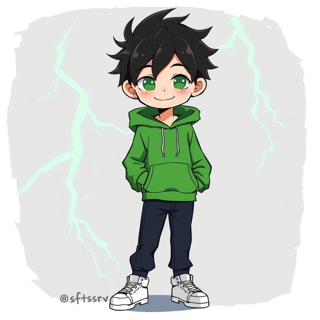 black haired boy in green hoodie black pants white shoes with white smiling mask green lightning background by Free AI Image Generator & Maker - No login required✨ | AIGAZOU