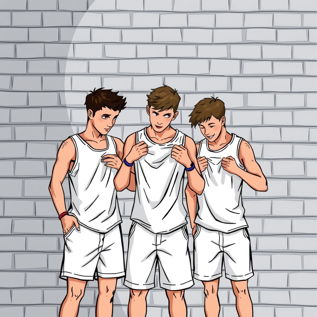 three young men in white shorts and tank tops putting on white t shirts in front of gray brick wall by Free AI Image Generator & Maker - No login required✨ | AIGAZOU