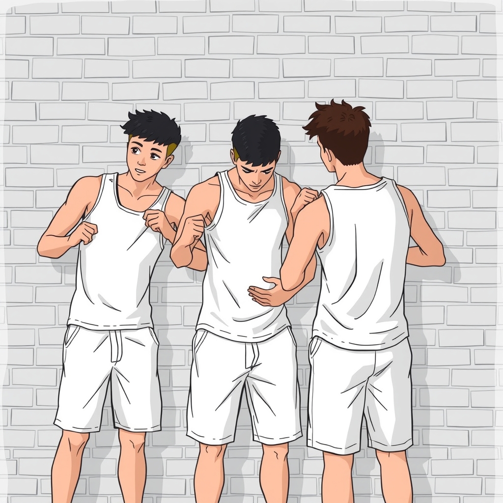 three young men in white shorts putting on white tank tops by Free AI Image Generator & Maker - No login required✨ | AIGAZOU