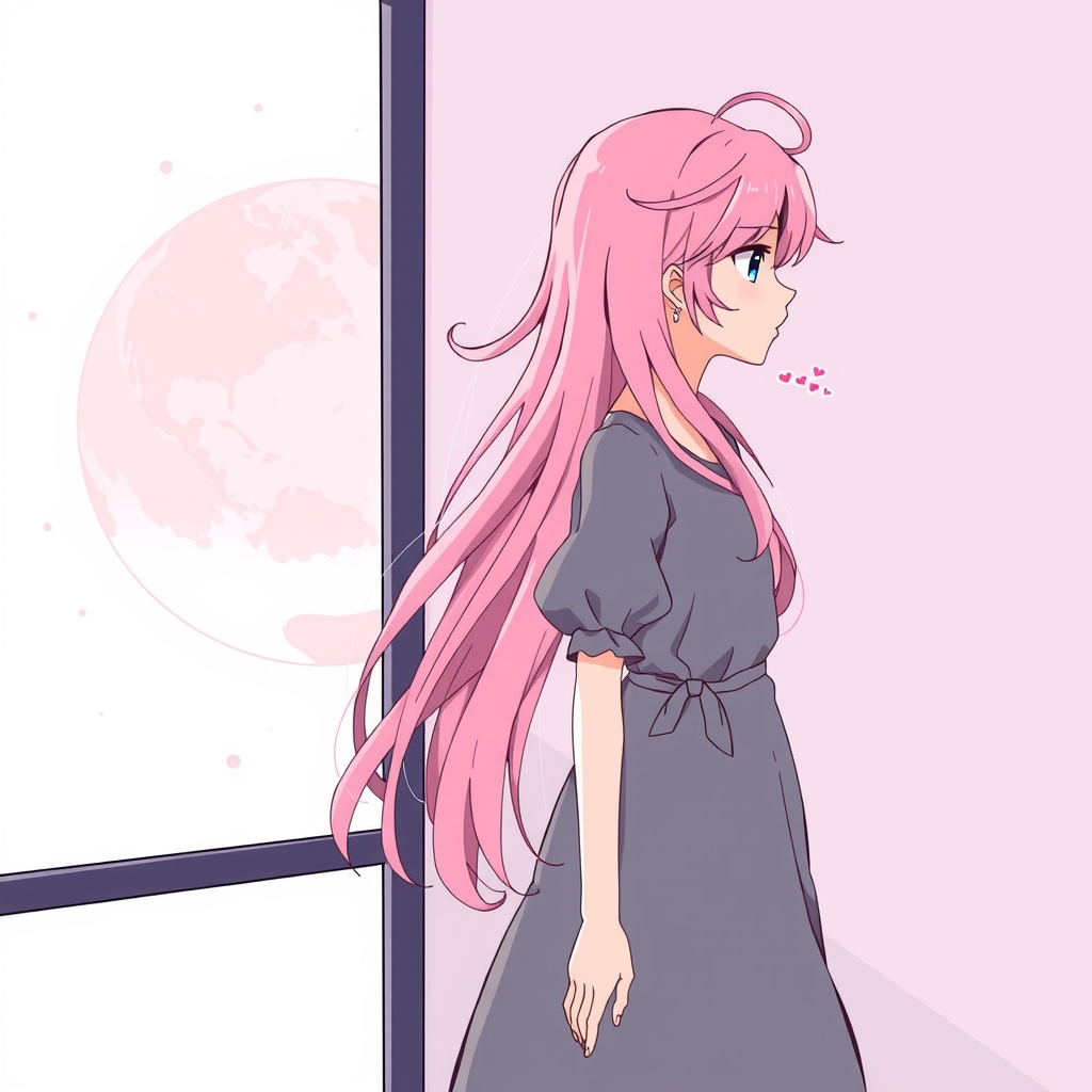 a pink haired girl in gray dress with dreamy planet background by Free AI Image Generator & Maker - No login required✨ | AIGAZOU