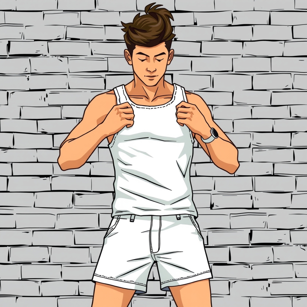 young man in white shorts putting on white tank top in front of gray brick wall by Free AI Image Generator & Maker - No login required✨ | AIGAZOU