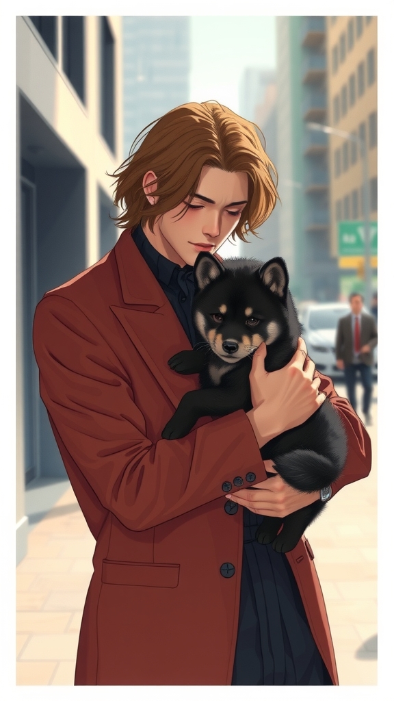 man with brown hair holding black shiba in puppy in urban setting by Tạo hình ảnh AI miễn phí - Không cần đăng nhập✨ | AIGAZOU