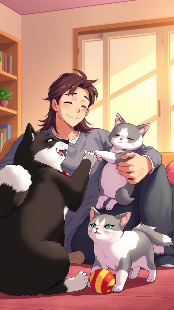 long haired brunette man playing with shiba inu scottish fold cat cozy living room by Free AI Image Generator & Maker - No login required✨ | AIGAZOU