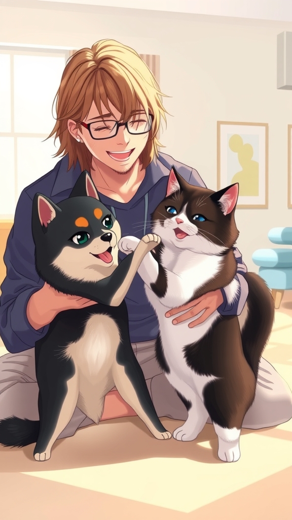 man with long tea colored hair playing with shiba inu and scottish fold cat in bright room by Free AI Image Generator & Maker - No login required✨ | AIGAZOU