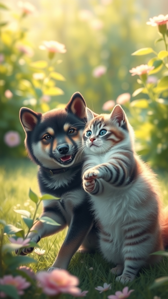 black sesame shiba inu blue silver tabby scottish fold cat playing garden by Free AI Image Generator & Maker - No login required✨ | AIGAZOU