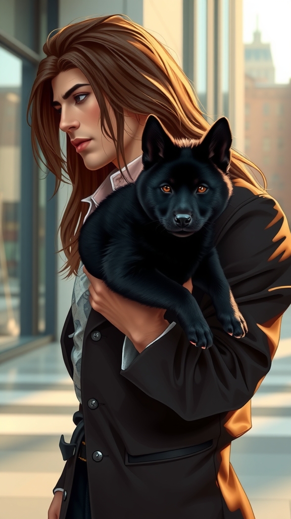 long haired brunette man vivienne westwood outfit holding black shiba inu puppy modern urban setting by Free AI Image Generator & Maker - No login required✨ | AIGAZOU