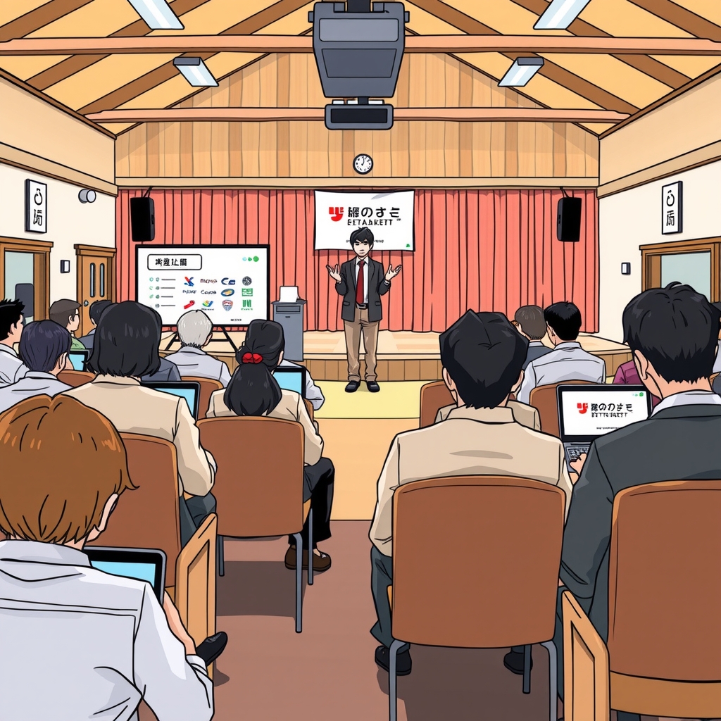 a 22 year old japanese job seeker self promoting at a rural event in nagano by Free AI Image Generator & Maker - No login required✨ | AIGAZOU