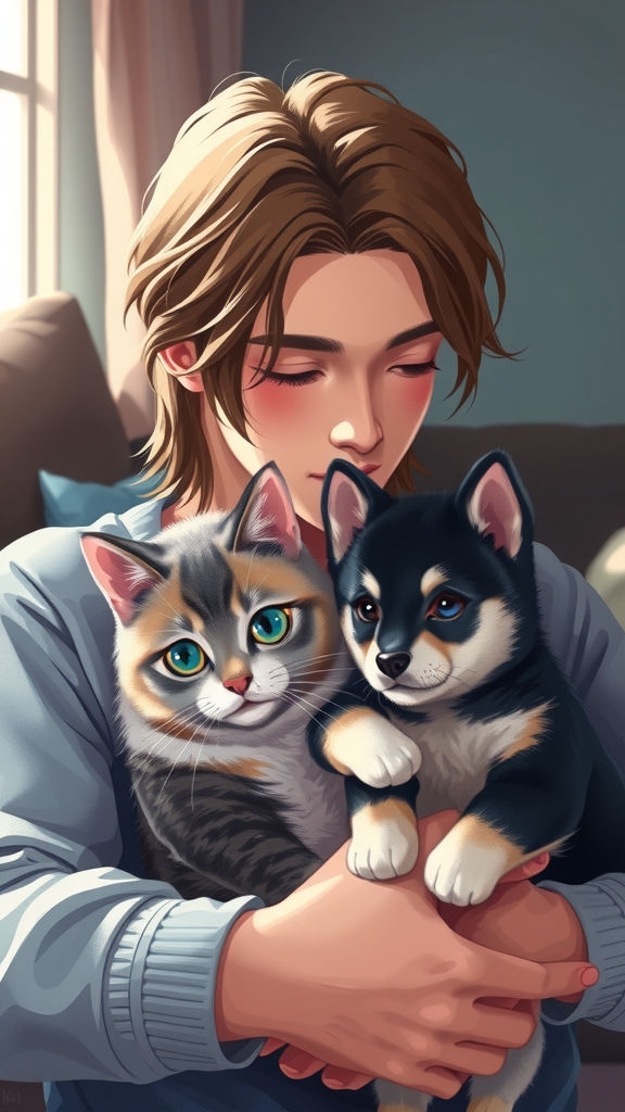 young man holding cat and shiba inu in cozy room by Free AI Image Generator & Maker - No login required✨ | AIGAZOU