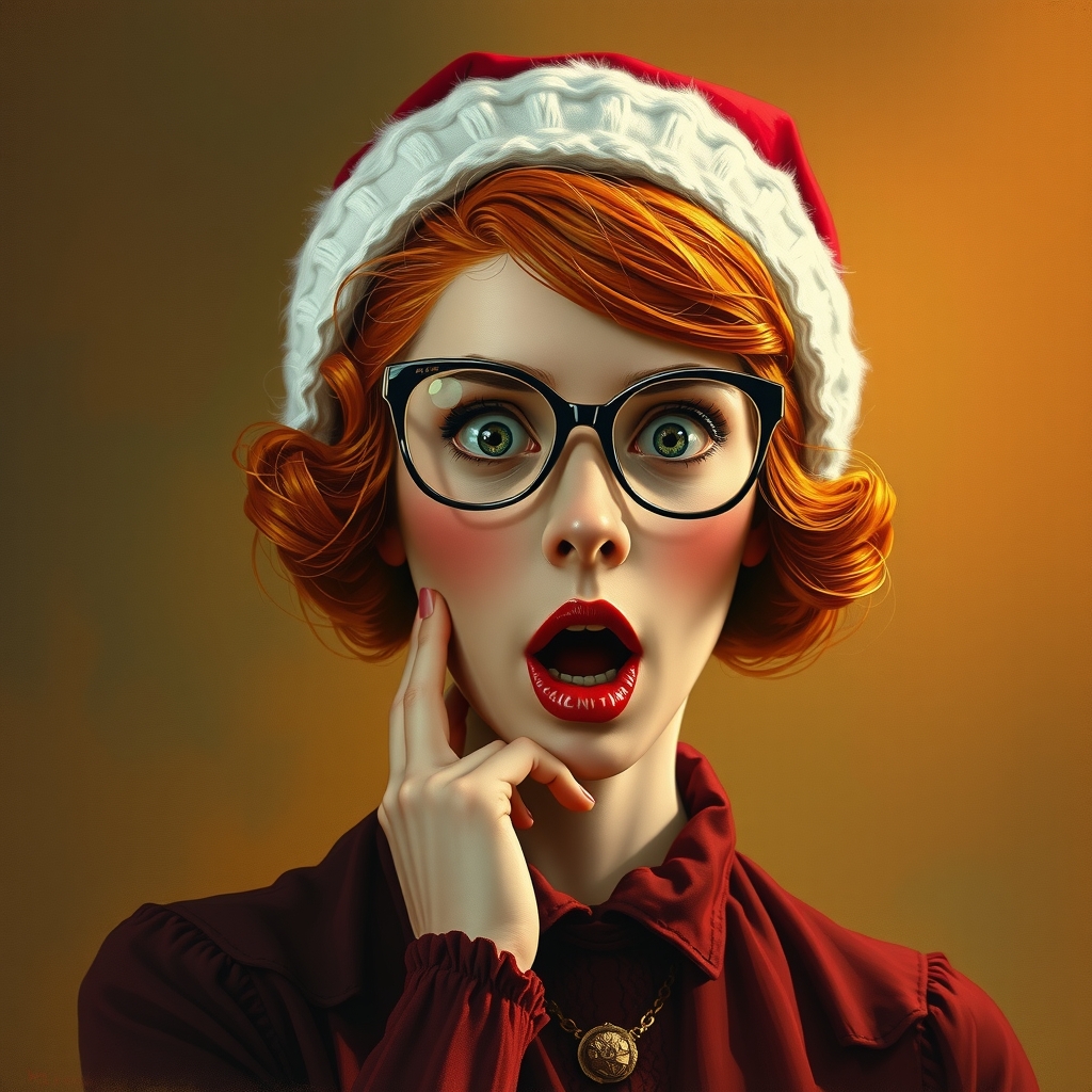 stunning oil painting red haired woman santa hat surprise by Free AI Image Generator & Maker - No login required✨ | AIGAZOU