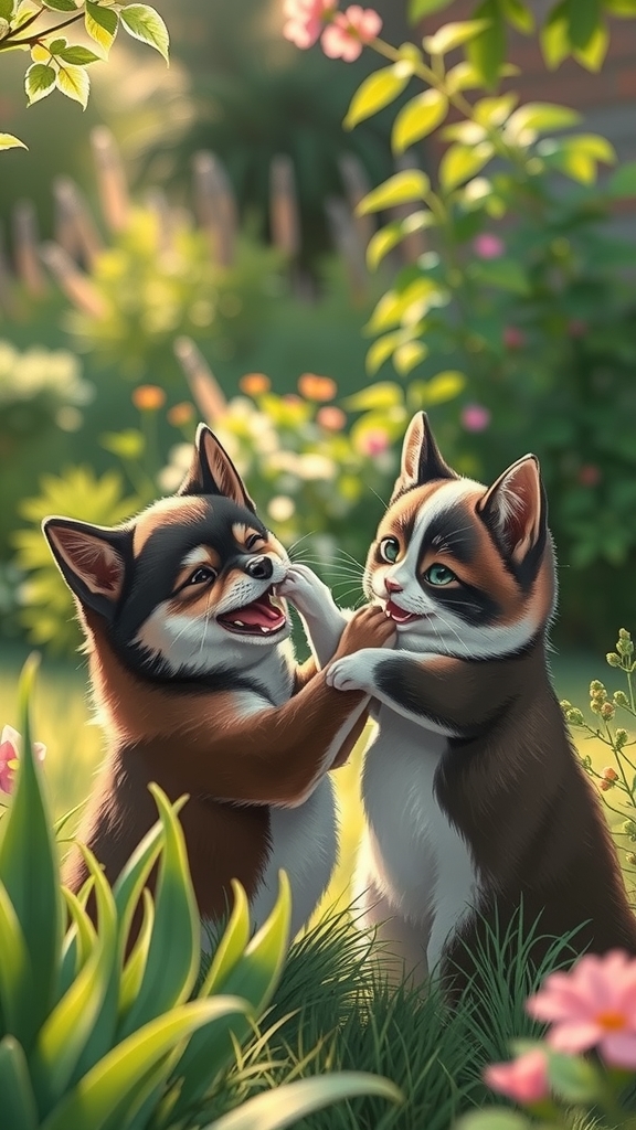 black sesame shiba scottish fold garden interaction by Free AI Image Generator & Maker - No login required✨ | AIGAZOU
