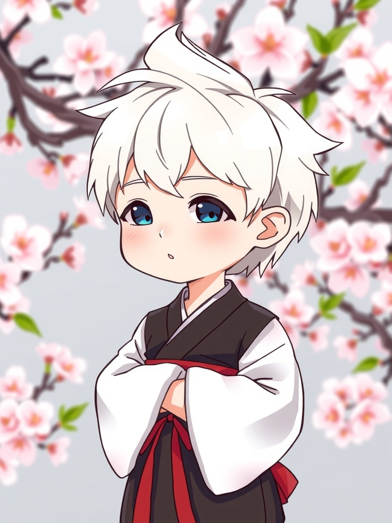 white haired male anime caricature plum blossom background mini cute black and white hanbok red belt shaggy hair by Free AI Image Generator & Maker - No login required✨ | AIGAZOU