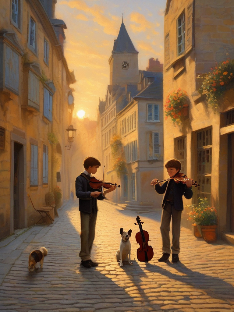 european old town street sunset boys playing music dog listening oil painting style by Free AI Image Generator & Maker - No login required✨ | AIGAZOU