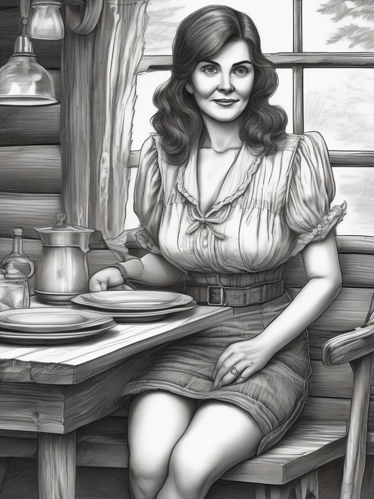 brune granny cleavage shirt mini skirt dining log cabin 1900s pencil drawing sketch by Free AI Image Generator & Maker - No login required✨ | AIGAZOU