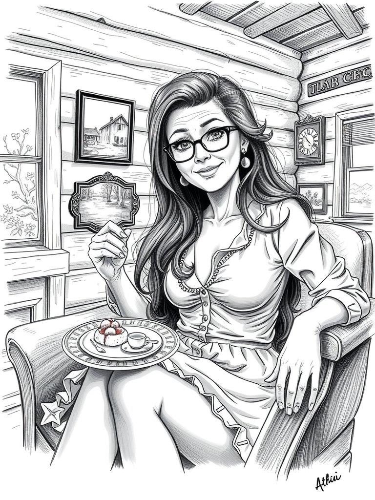 close up long brunette hair granny mini skirt dining log cabin 1900s pencil drawing sketch style by Free AI Image Generator & Maker - No login required✨ | AIGAZOU