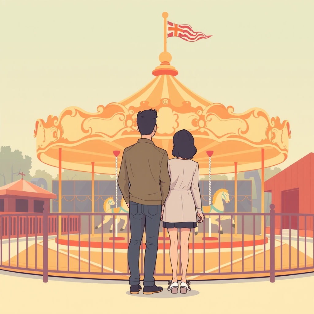 man and woman watching carousel at amusement park by Free AI Image Generator & Maker - No login required✨ | AIGAZOU
