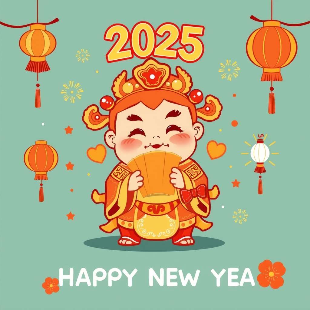 2025 cute god of wealth happy new year firecrackers lanterns by Free AI Image Generator & Maker - No login required✨ | AIGAZOU