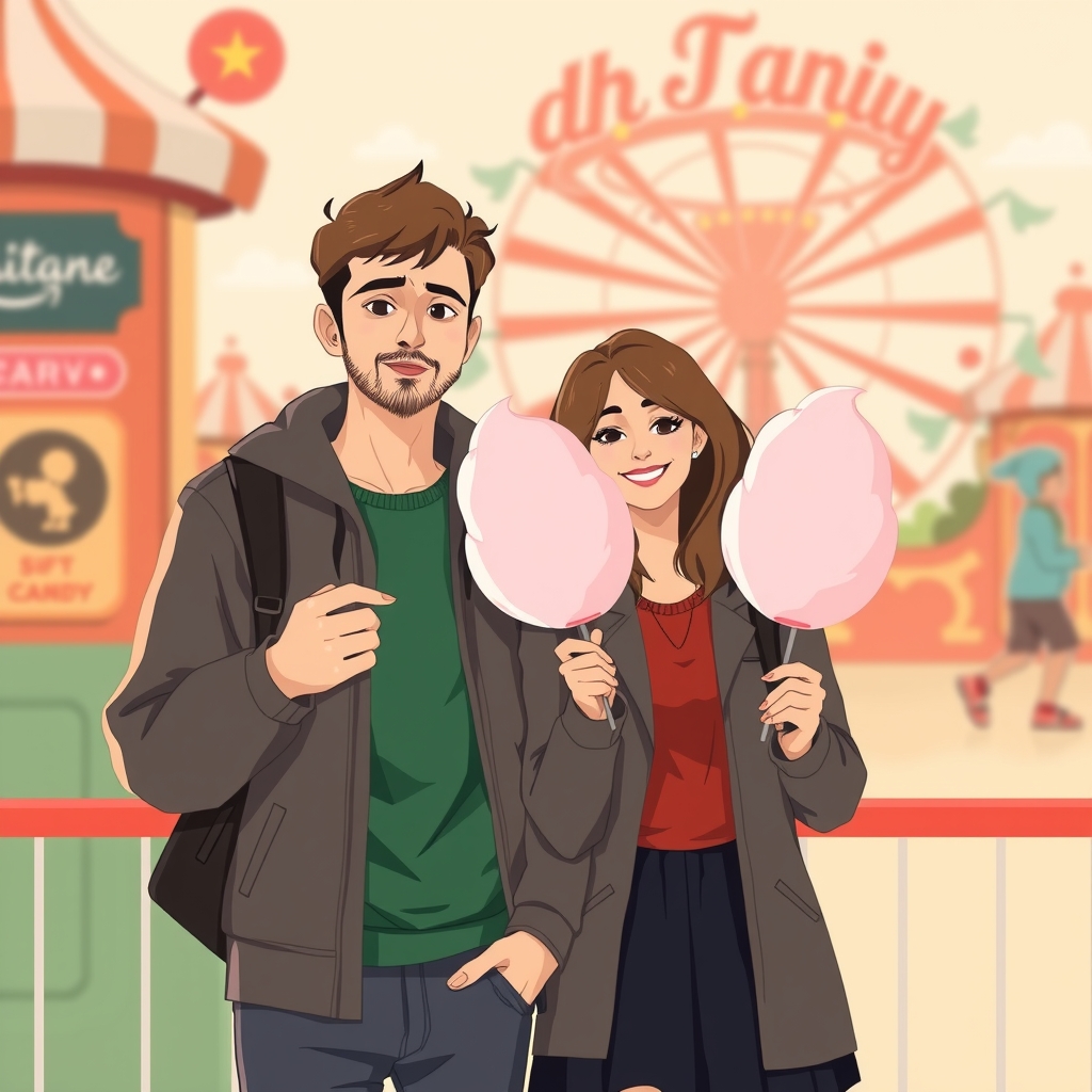 couple eating cotton candy at amusement park icon style by Free AI Image Generator & Maker - No login required✨ | AIGAZOU