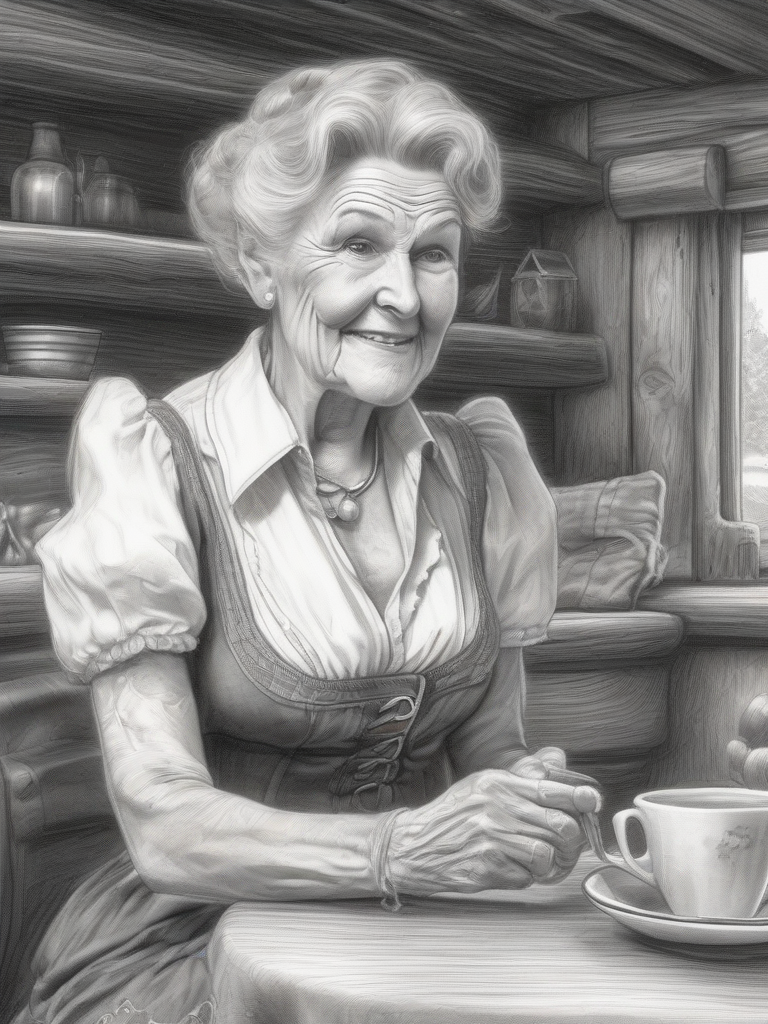 close up brunette granny cleavage shirt mini skirt dining 1900s log cabin pencil drawing sketch by Free AI Image Generator & Maker - No login required✨ | AIGAZOU