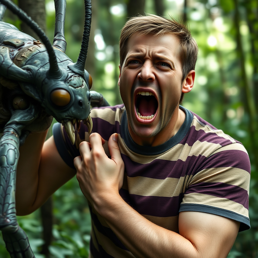 man terrified by insectoid creature in forest by Free AI Image Generator & Maker - No login required✨ | AIGAZOU