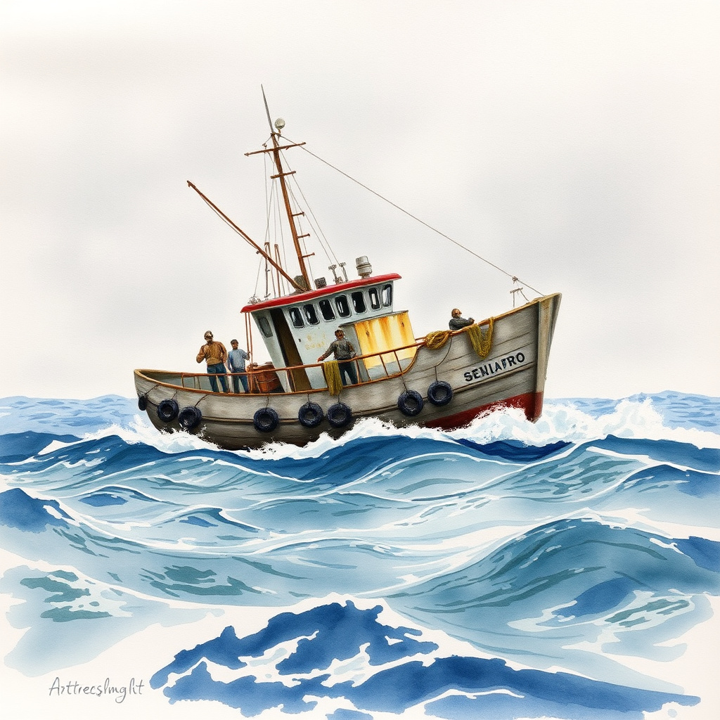 watercolor painting fishing boat choppy seas by Free AI Image Generator & Maker - No login required✨ | AIGAZOU
