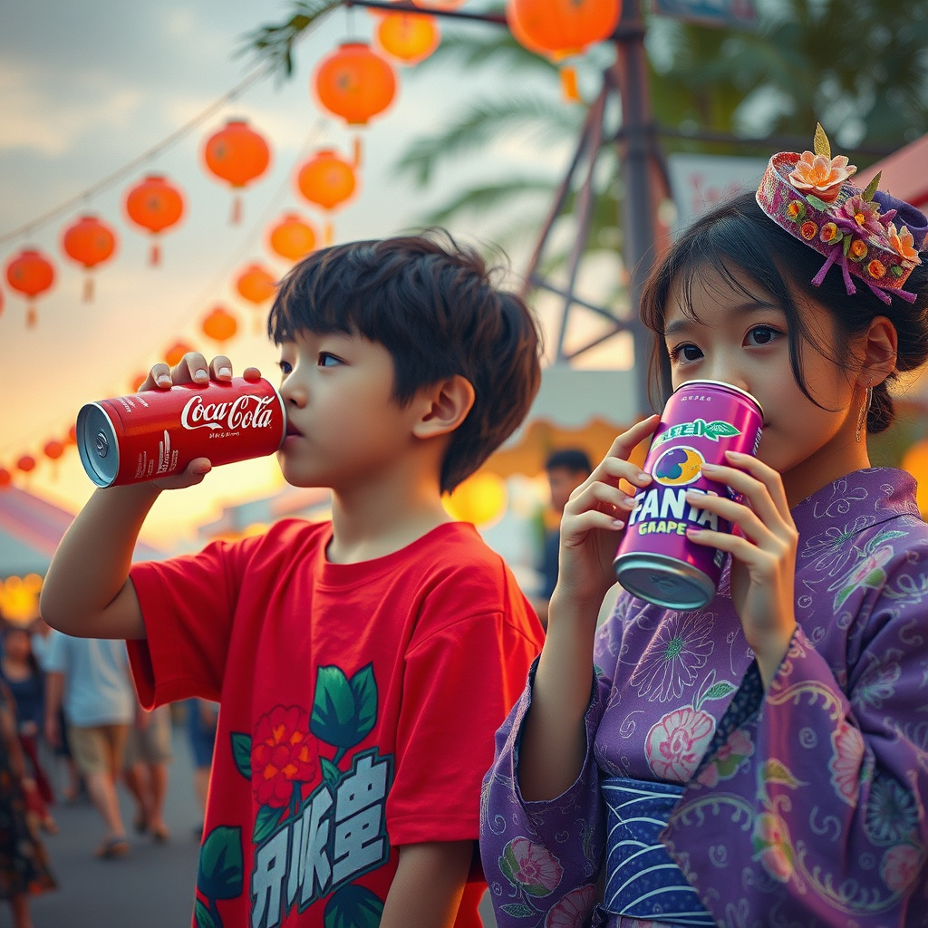 japanese boy girl drinking soda festival by Free AI Image Generator & Maker - No login required✨ | AIGAZOU