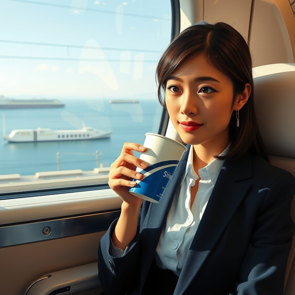 japanese career woman sipping coffee shinkansen by Free AI Image Generator & Maker - No login required✨ | AIGAZOU