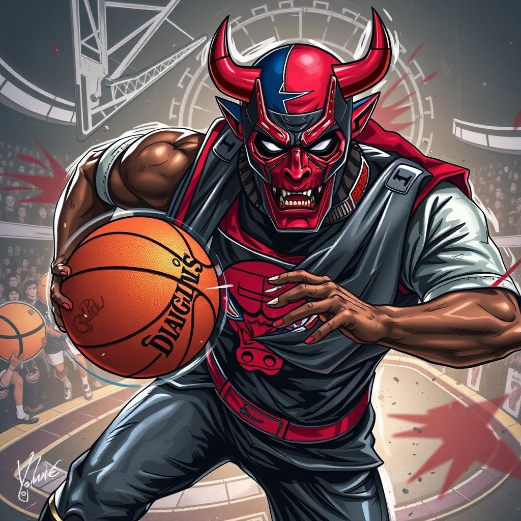 superhero chicago bulls mask basketball weapon by Free AI Image Generator & Maker - No login required✨ | AIGAZOU