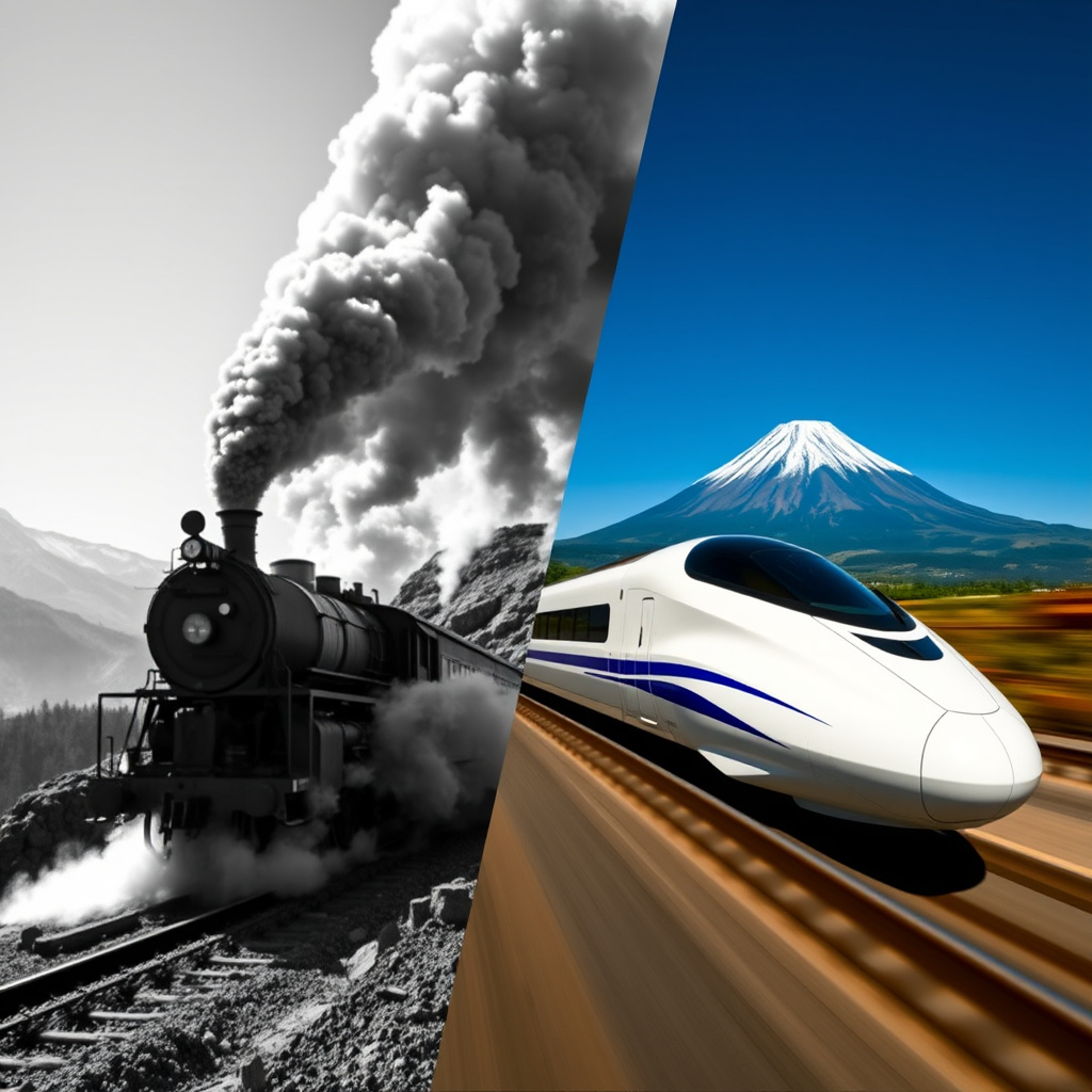 split image steam locomotive bullet train by Free AI Image Generator & Maker - No login required✨ | AIGAZOU