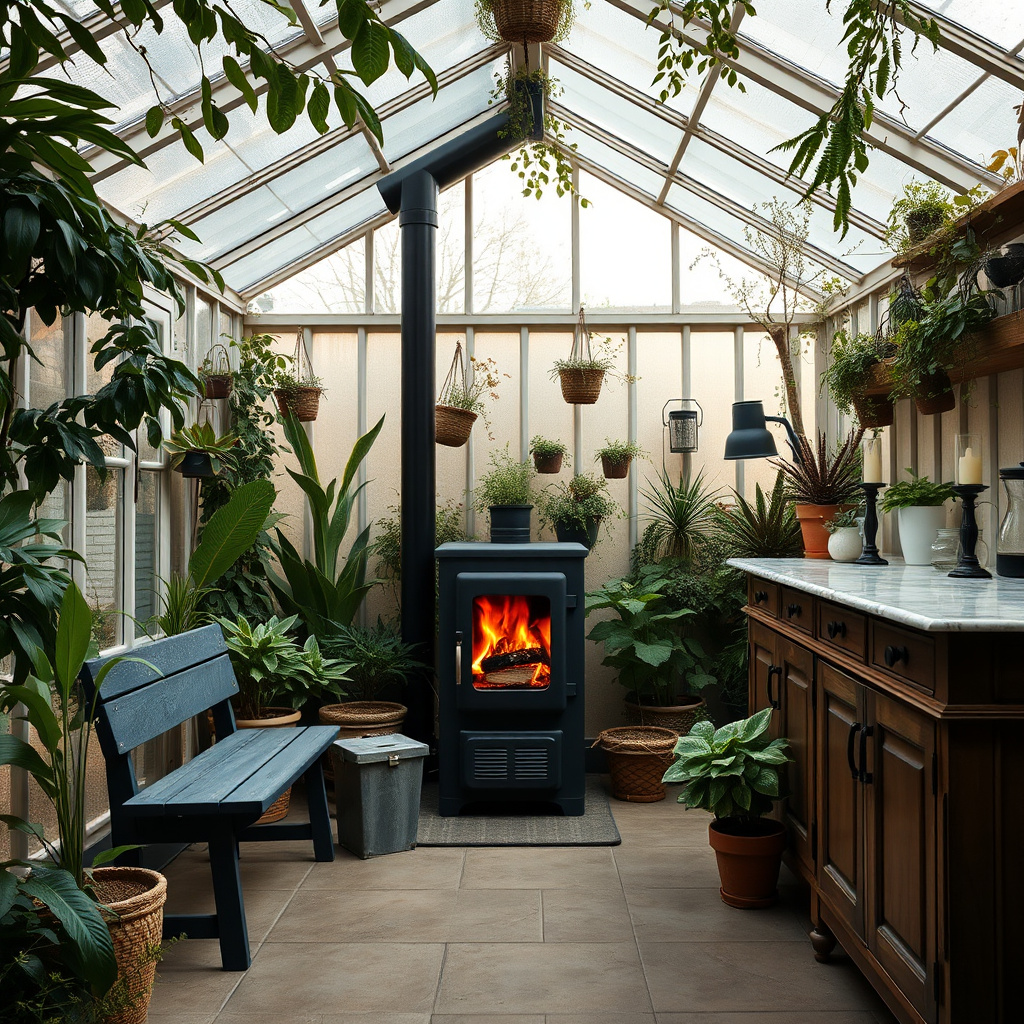 cozy sunlit greenhouse kitchen modern stove by Free AI Image Generator & Maker - No login required✨ | AIGAZOU