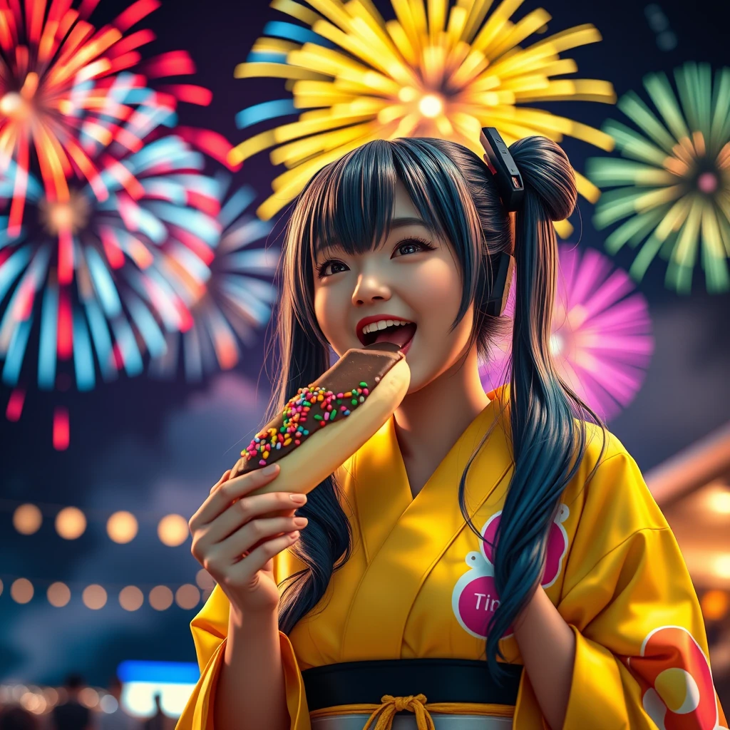 hatsune miku yellow yukata fireworks night by Free AI Image Generator & Maker - No login required✨ | AIGAZOU