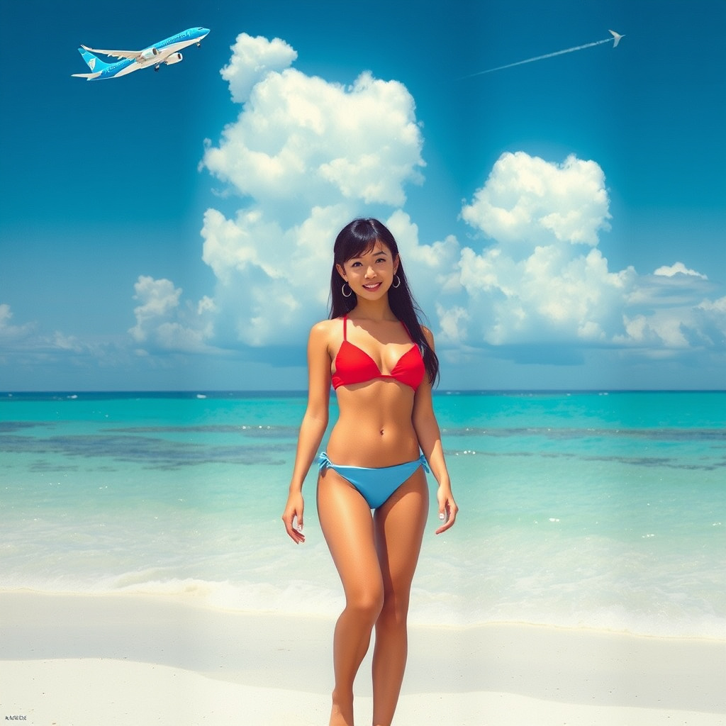 japanese girl red bikini blue beach by Free AI Image Generator & Maker - No login required✨ | AIGAZOU