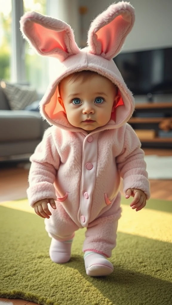 photorealistic toddler wobbly steps pink bunny onesie by Free AI Image Generator & Maker - No login required✨ | AIGAZOU