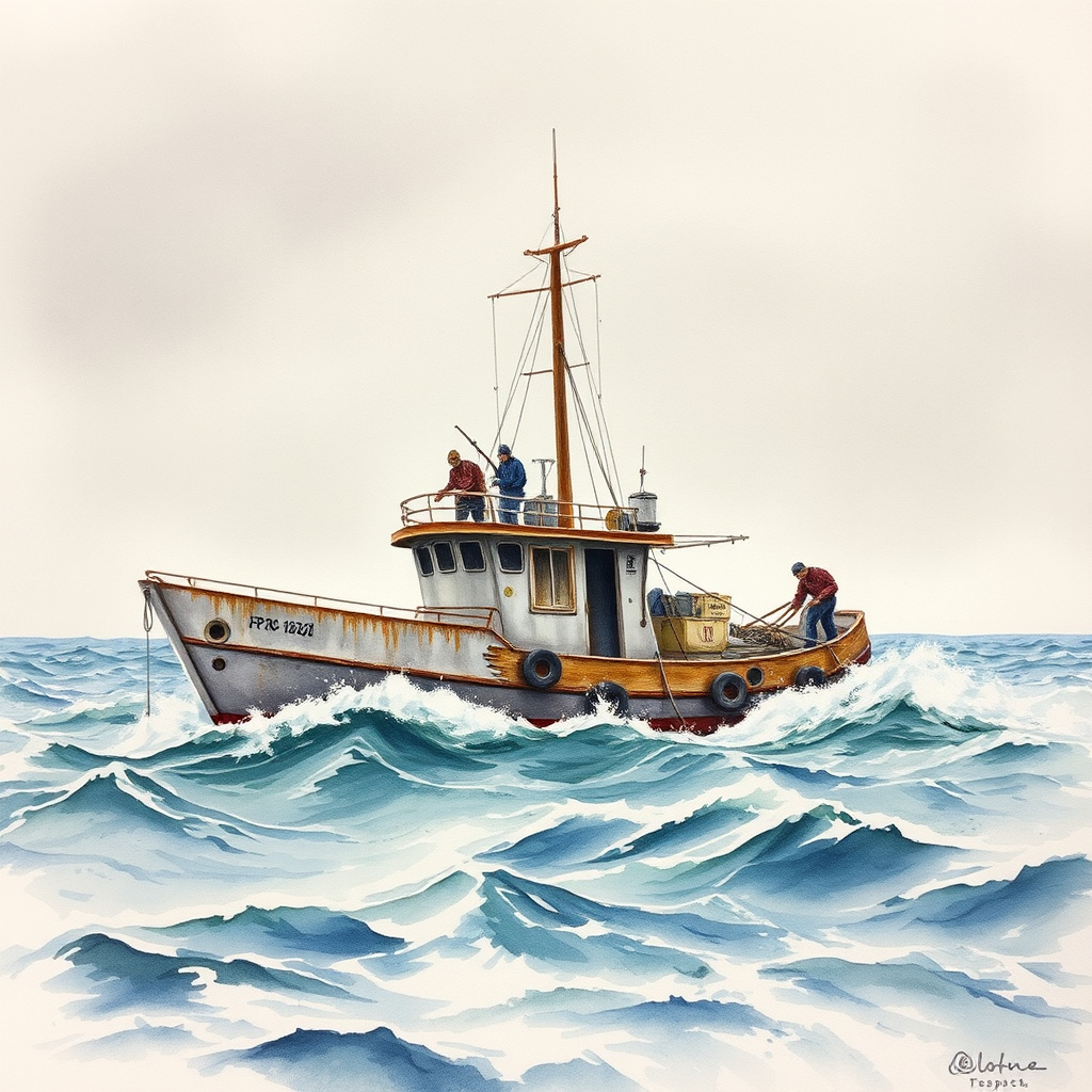 watercolor painting fishing boat choppy seas by Free AI Image Generator & Maker - No login required✨ | AIGAZOU