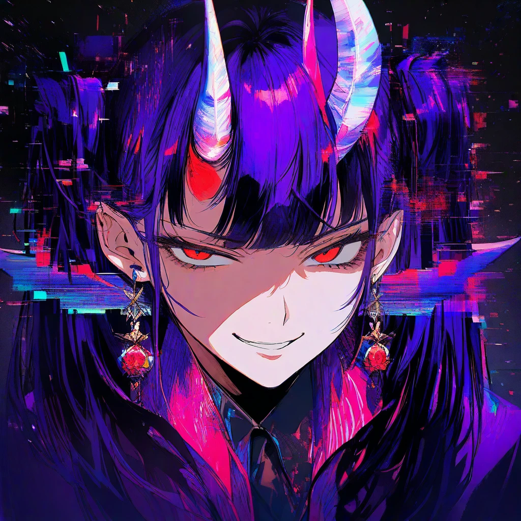 red eyes dark purple hair smirk horns by Free AI Image Generator & Maker - No login required✨ | AIGAZOU