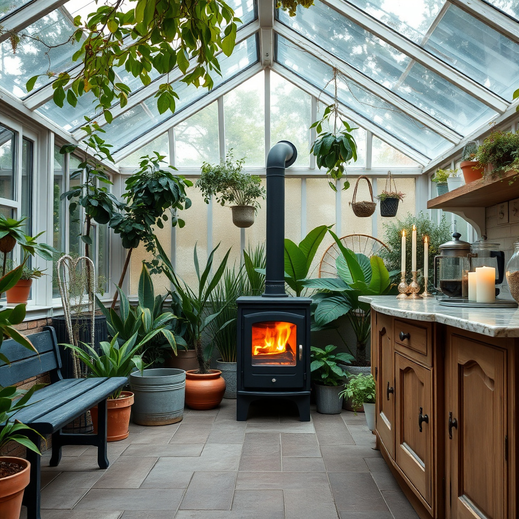 cozy sunlit greenhouse kitchen modern stove by Free AI Image Generator & Maker - No login required✨ | AIGAZOU
