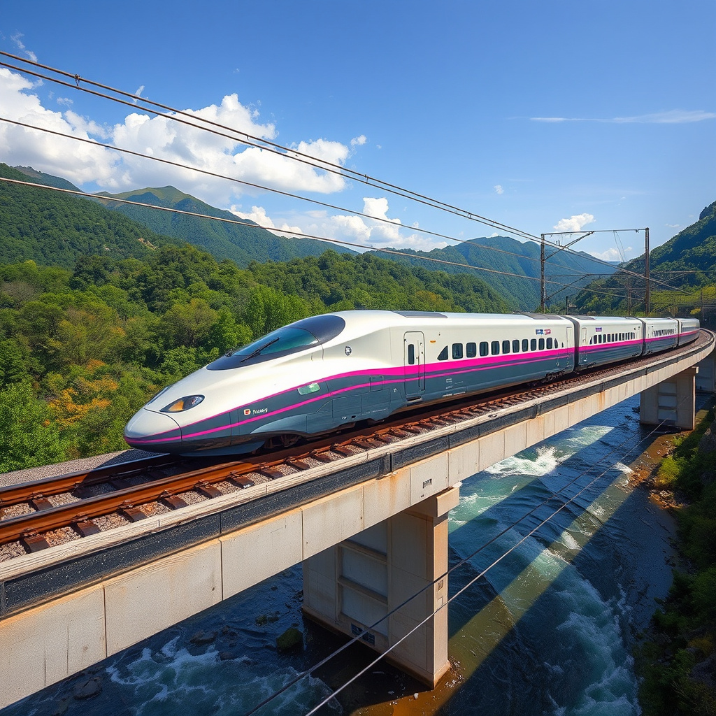 futuristic shinkansen white pink stripe river by Free AI Image Generator & Maker - No login required✨ | AIGAZOU