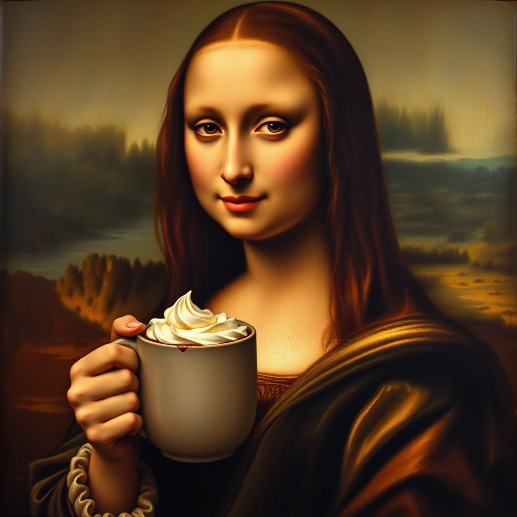 renaissance mona lisa sipping hot chocolate by Free AI Image Generator & Maker - No login required✨ | AIGAZOU