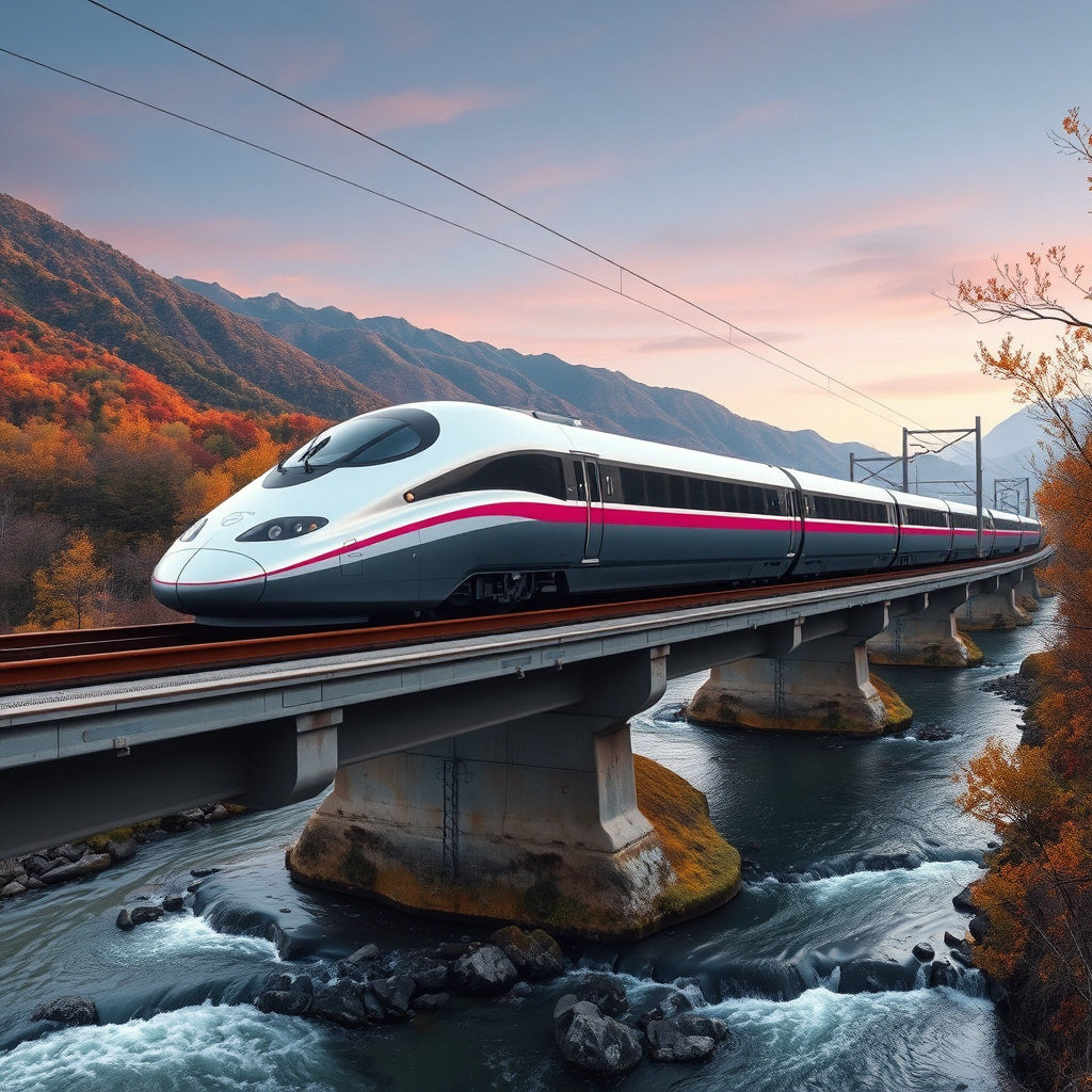 futuristic shinkansen train autumn mountains dusk by Free AI Image Generator & Maker - No login required✨ | AIGAZOU