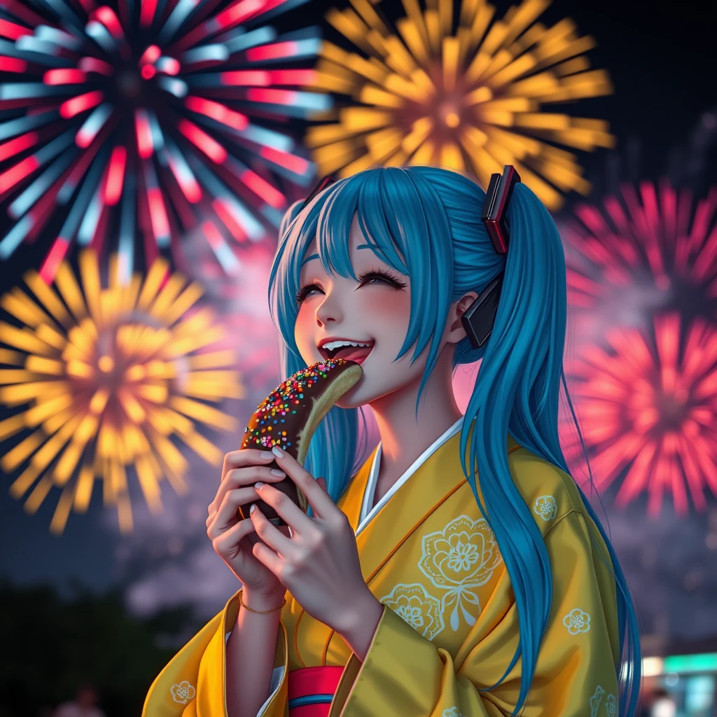 hatsune miku yellow yukata chocolate banana fireworks by Free AI Image Generator & Maker - No login required✨ | AIGAZOU