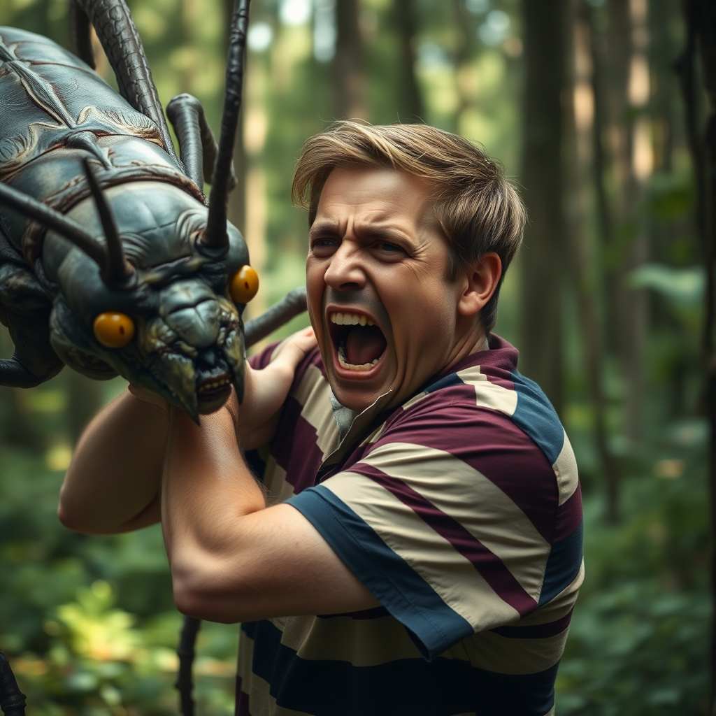 man terrified by insectoid creature in forest by Free AI Image Generator & Maker - No login required✨ | AIGAZOU