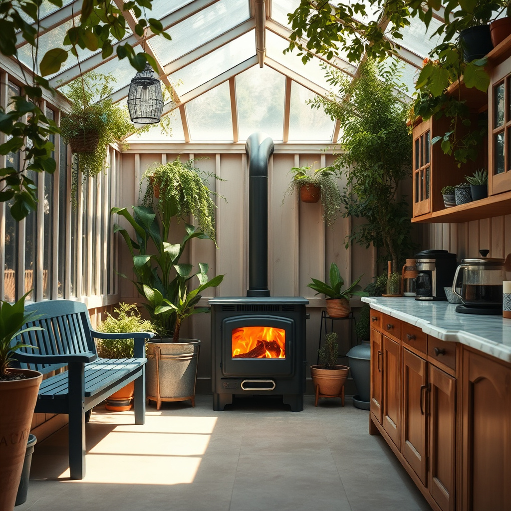 cozy sunlit greenhouse kitchen modern stove by Free AI Image Generator & Maker - No login required✨ | AIGAZOU