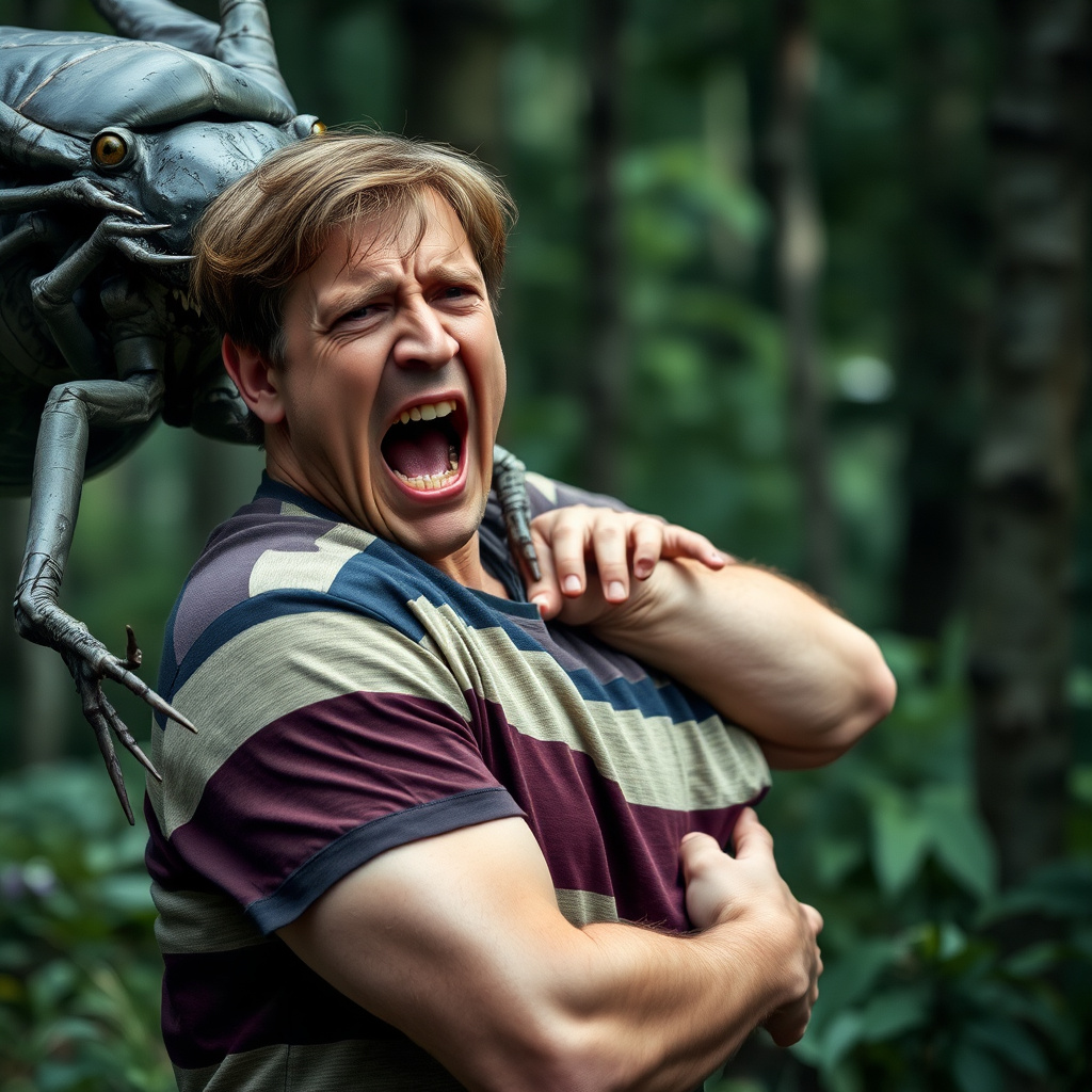 man terrified by insectoid creature in forest by Free AI Image Generator & Maker - No login required✨ | AIGAZOU