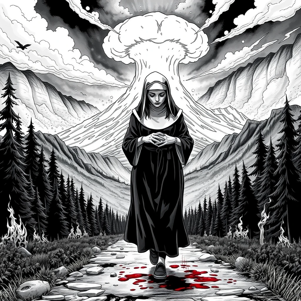 nun walks down mountain dystopian background by Free AI Image Generator & Maker - No login required✨ | AIGAZOU