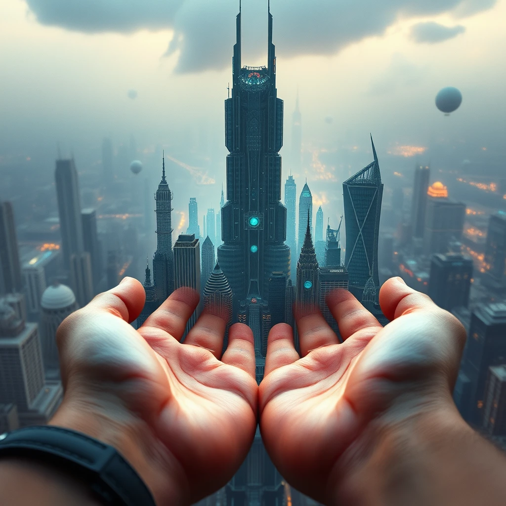 build future city on hands like nolan film by Free AI Image Generator & Maker - No login required✨ | AIGAZOU