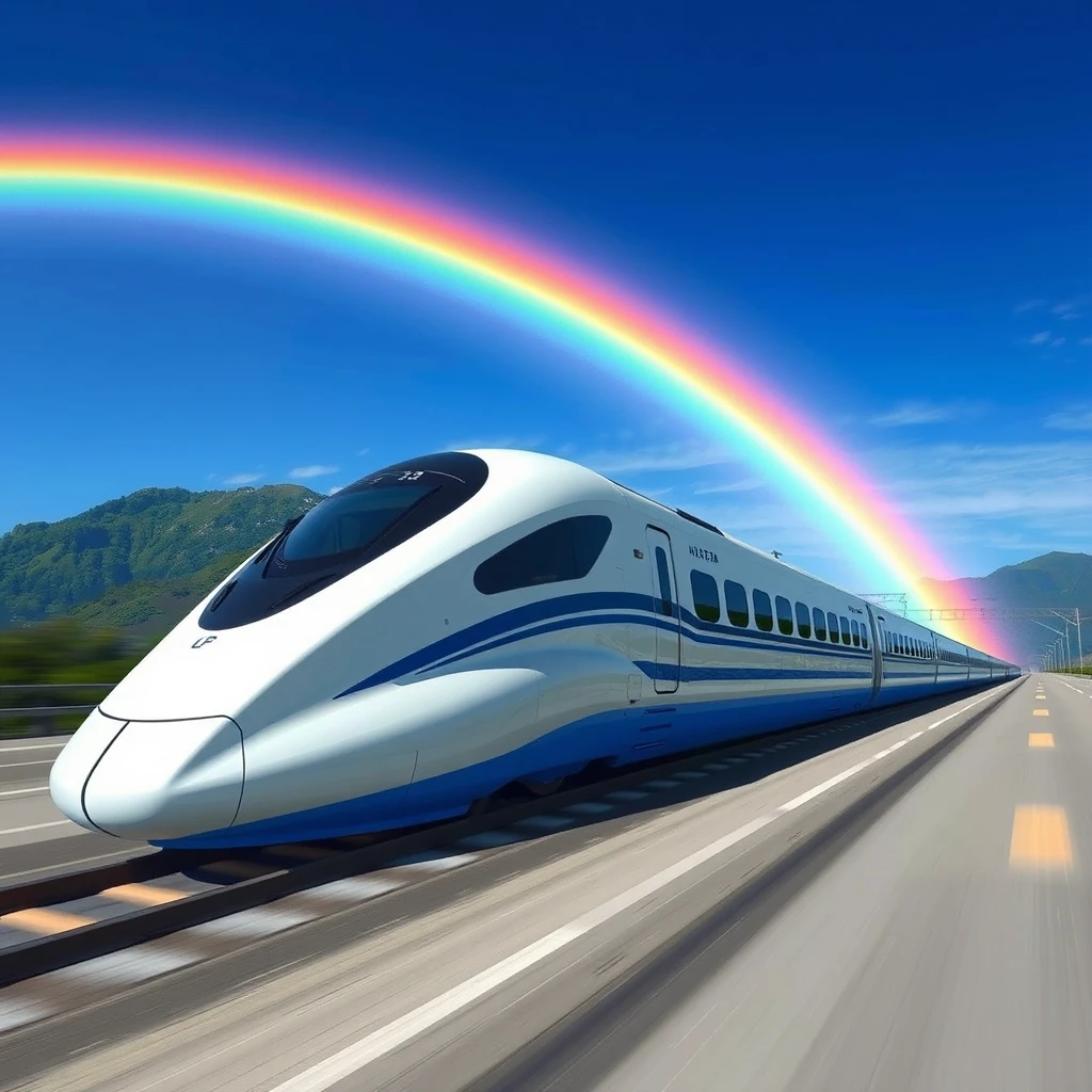 futuristic shinkansen train blue sky rainbow by Free AI Image Generator & Maker - No login required✨ | AIGAZOU