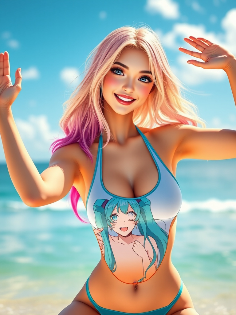 beach beauty yoga pose smile colorful swimsuit by Free AI Image Generator & Maker - No login required✨ | AIGAZOU