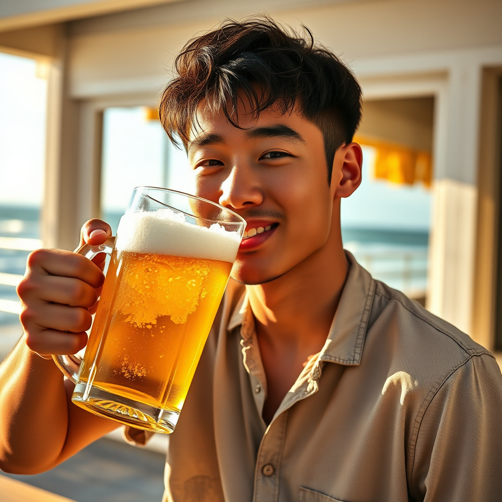 young japanese man drinking beer beach by Free AI Image Generator & Maker - No login required✨ | AIGAZOU