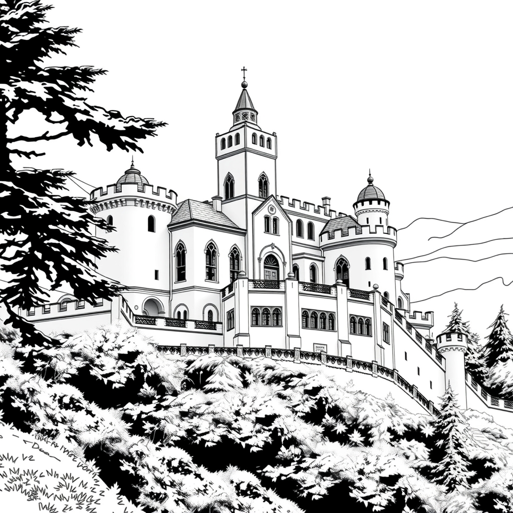 black and white hearst castle outline for coloring by मुफ्त एआई छवि जनरेटर - बिना लॉगिन के✨ | AIGAZOU